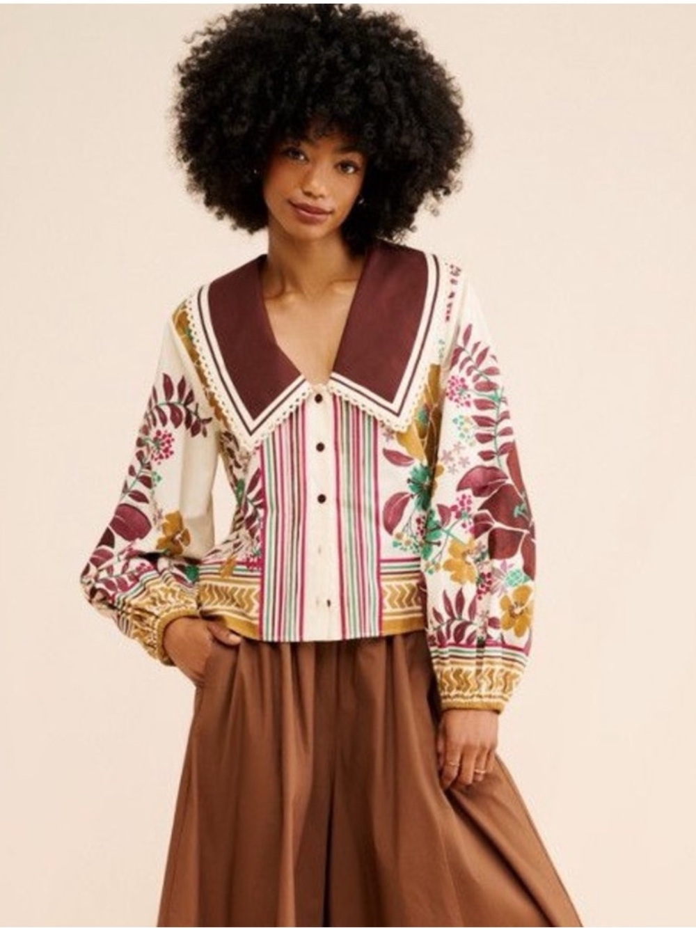 FARM Rio Florisbela Buttondown Blouse in White, Burgundy, Mustard & Green